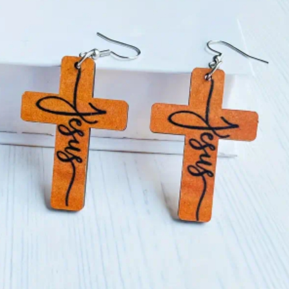 Rust Brown 'Jesus' Cross Drop Earrings - Women Jewelry Earrings